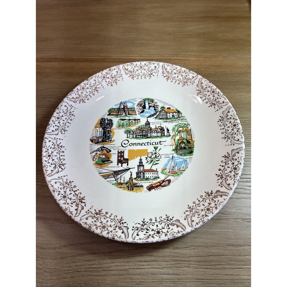 Vintage Collector's Plate Of The State Of Connecticut w/Popular Landmarks 10"